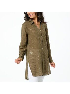 Colleen Lopez Tunic Top Large Button Front Sequin Embellished Beach Olive Green